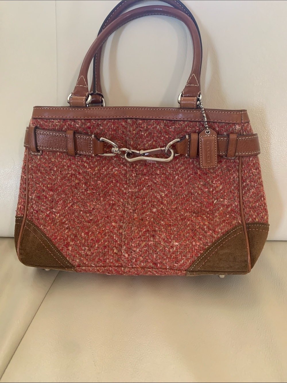 Coach Red Tweed & Brown Leather Satchel